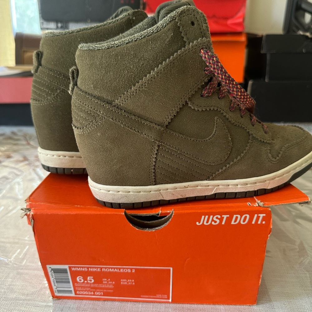 Nike Olive High-Top Sneakers with Red Laces